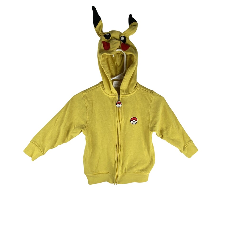 Pokemon Pikachu Hoodie Kids XS Yellow Full Zip Ear Hood Pokeball Fleece Jacket